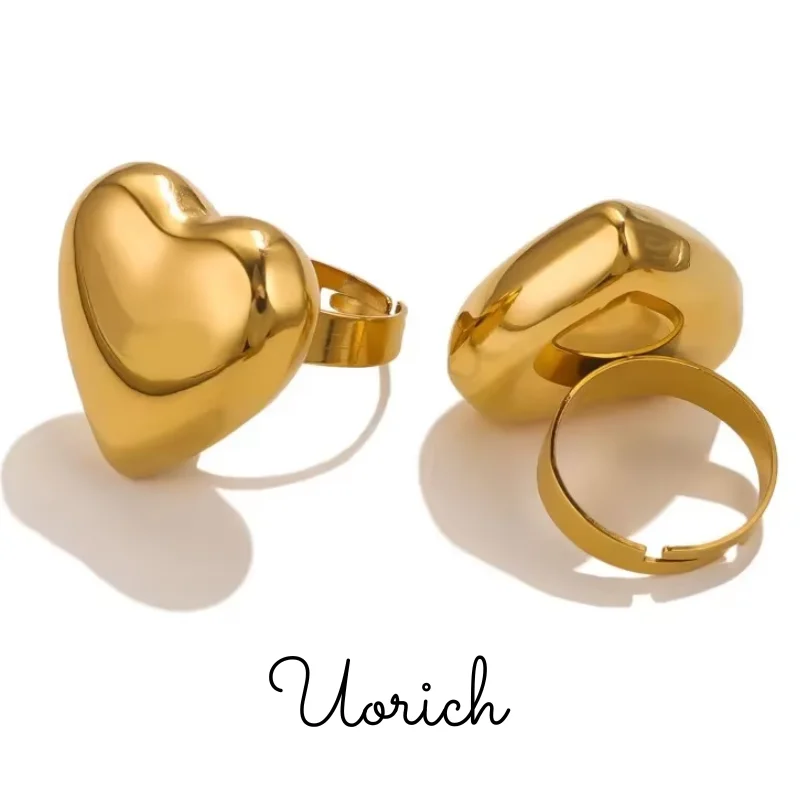 Uorich Simple Popular Stainless Steel Gold Plated Three-dimensional Peach Heart Opening Adjustable Ring for Women Jewelry Gifts