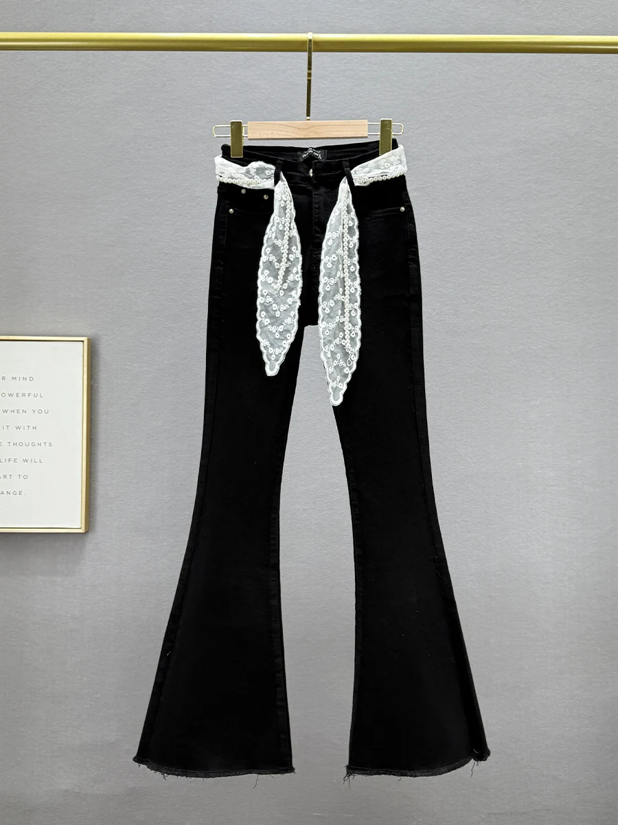 

Женские джинсы-клеш с высокой талией, облегающие, весна 2025, новые, с кружевным поясом, длинные, из денима, модные, ретро, хлопковые
