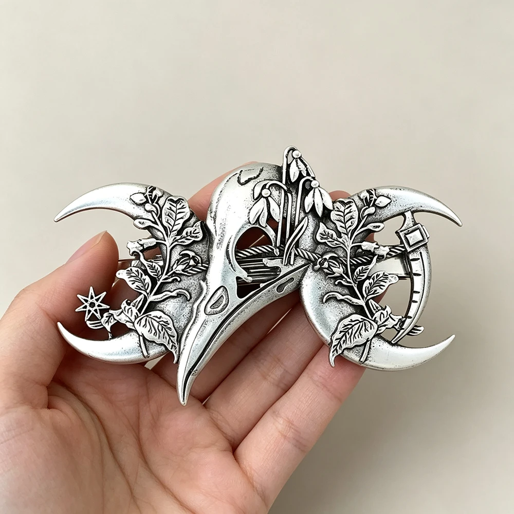 Gothic Raven Skull Moon Hair Claw Vintage Silver Witch Floral Crescent Hair Clip Halloween Dark Style Hair Accessories for Women