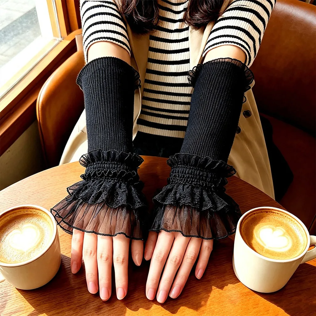 Women Stretchy Fingerless Knitted Arm Warmers with Double Layer Ruffle Lace Cuff Trim White Decorative Cuffs Sleeves for Ladies