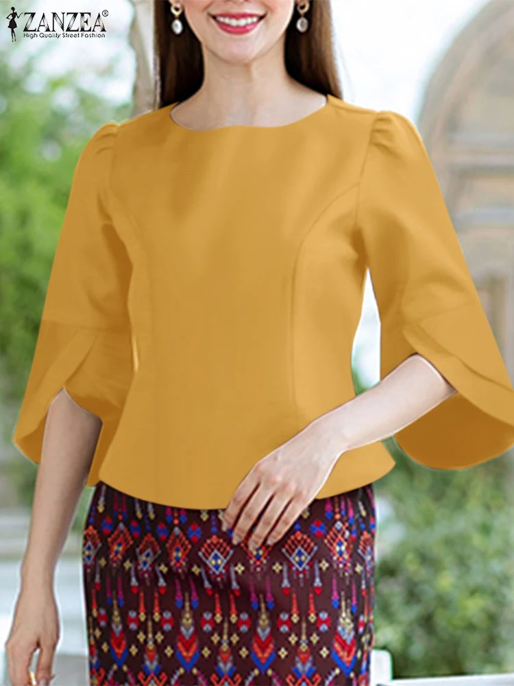 2025 ZANZEA blusa de oficina camisa de Mujer elegante sólido Slim Fit Tops verano elegante 3/4 manga de pétalo Blusas de trabajo Mujer de gran tamaño