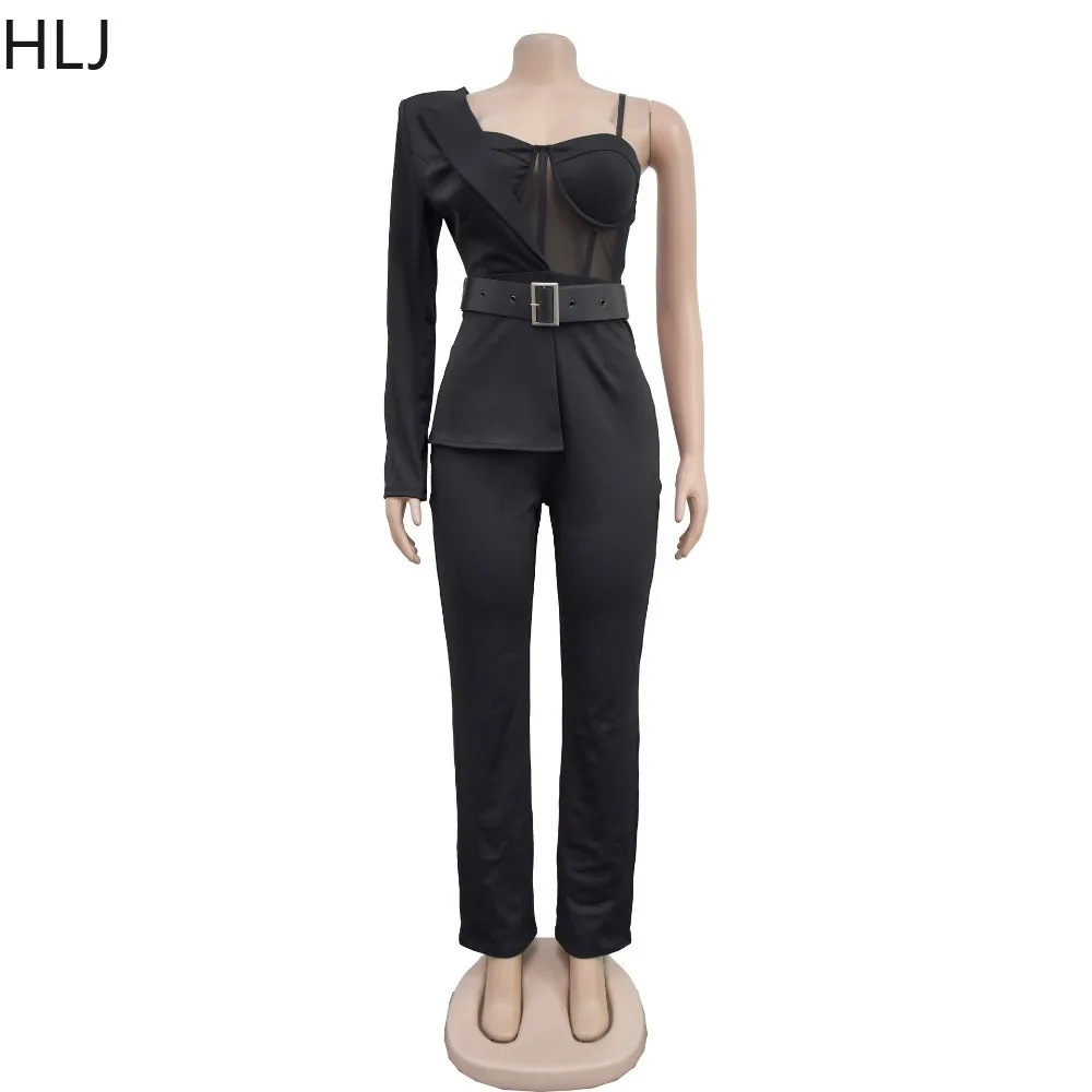 HLJ Fashion Elegant Splicing Straight Jumpsuits Women One Shoulder Long Sleeve Hollow Playsuits Sexy Blazer Top Design Overalls