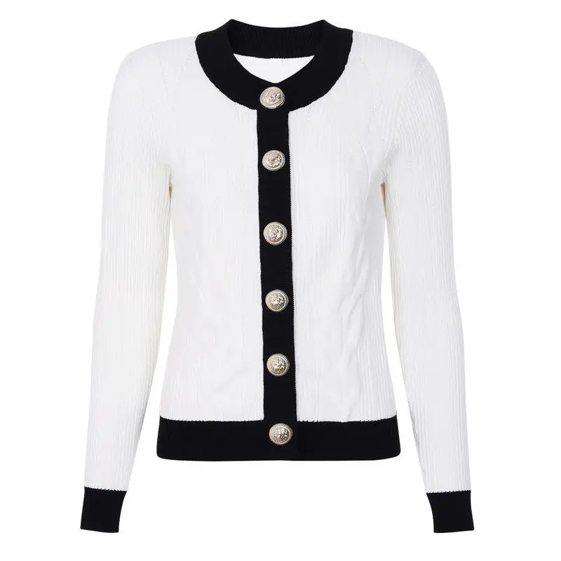 

High Quality Fashionable Color Block Sweater Coat European Style Long Sleeve Button up Women's Autumn New Arrival