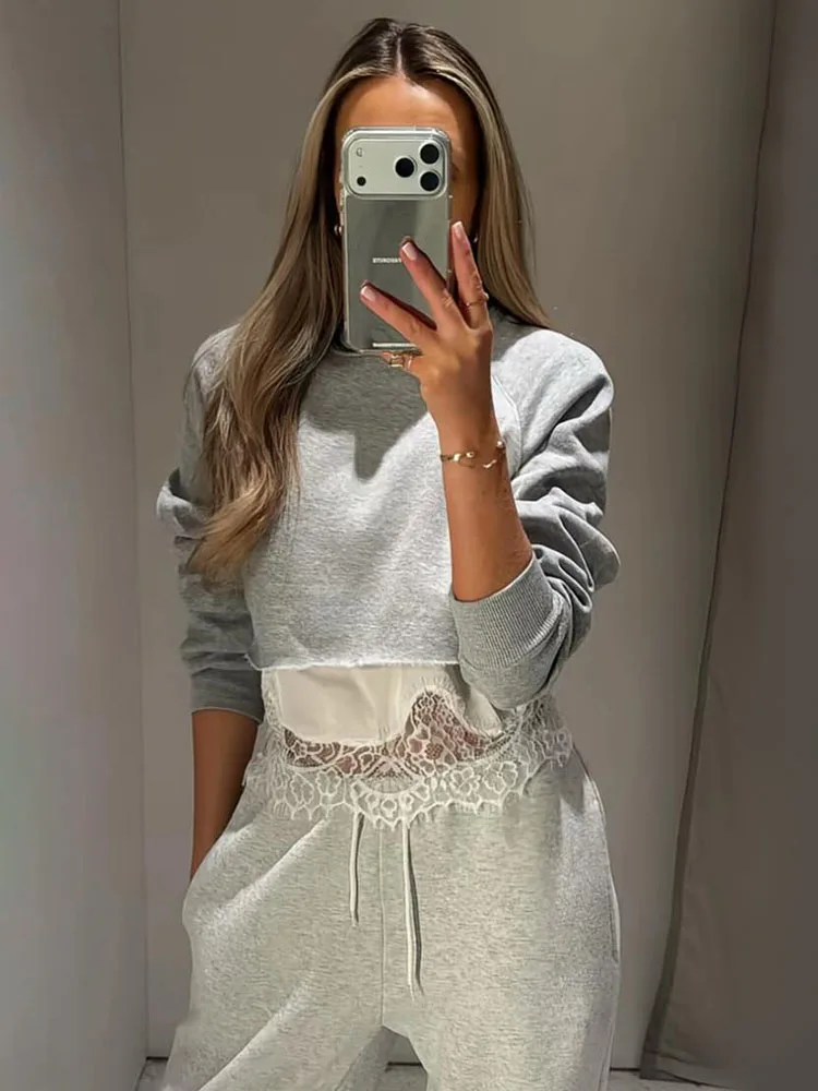 HH New Fashion Women's Solid O-Neck Lace Splicing Decorate Long Sleeves 2026 Casual Slim Sweatshirt Woman Commuting Short Top