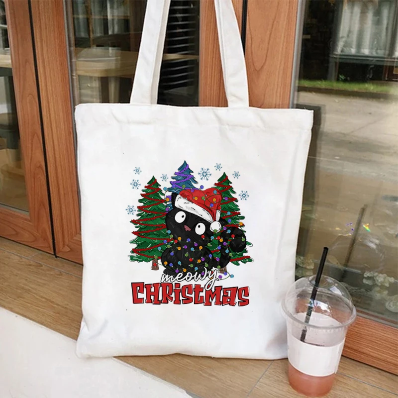 Haben Sie sich selbst eine knusprige kleine Weihnachts-Schultertasche mit schwarzer Katze, Damenhandtaschen, große Kapazität, Einkaufstasche für Studenten und Teenager