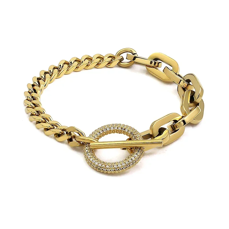 316L Stainless Steel Paperclip Links Bracelets With Cubic Zirconia T Toggle Clasp Waterproof Wristband Punk Hip Hop Jewelry