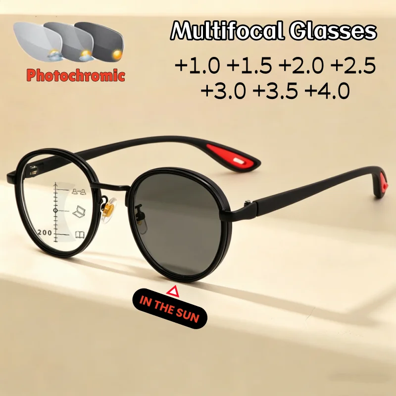 Metal Round Frame Anti-blue Light Photochromic Progressive Multifocal Reading Glasses Unisex Dual-purpose for Both Near and Far
