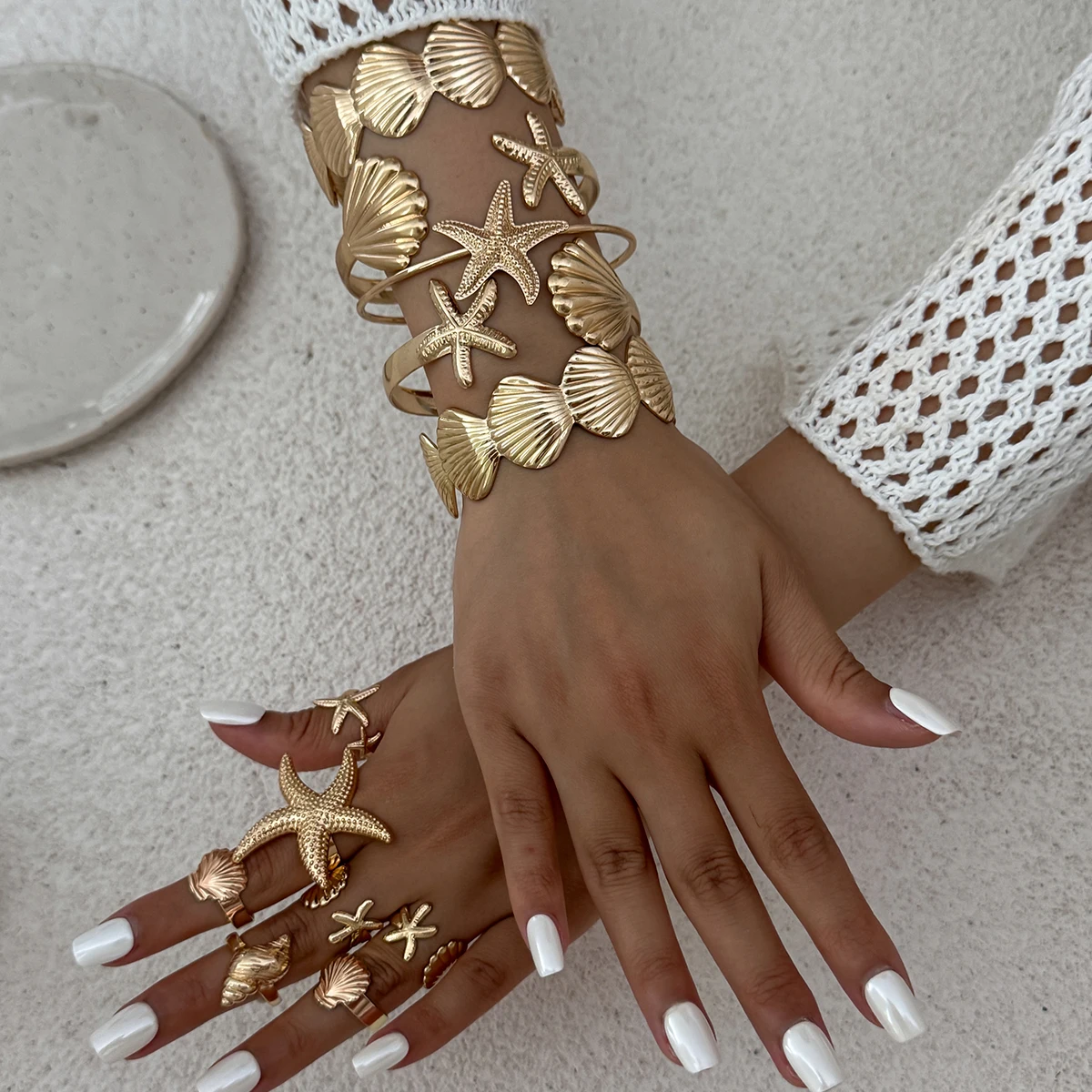 SHIXIN 12 Pcs/Set Ocean Style Starfish Conch Scallop Open Bangle Adjustable Ring for Women New Boho Bracelets Summer Jewelry Set