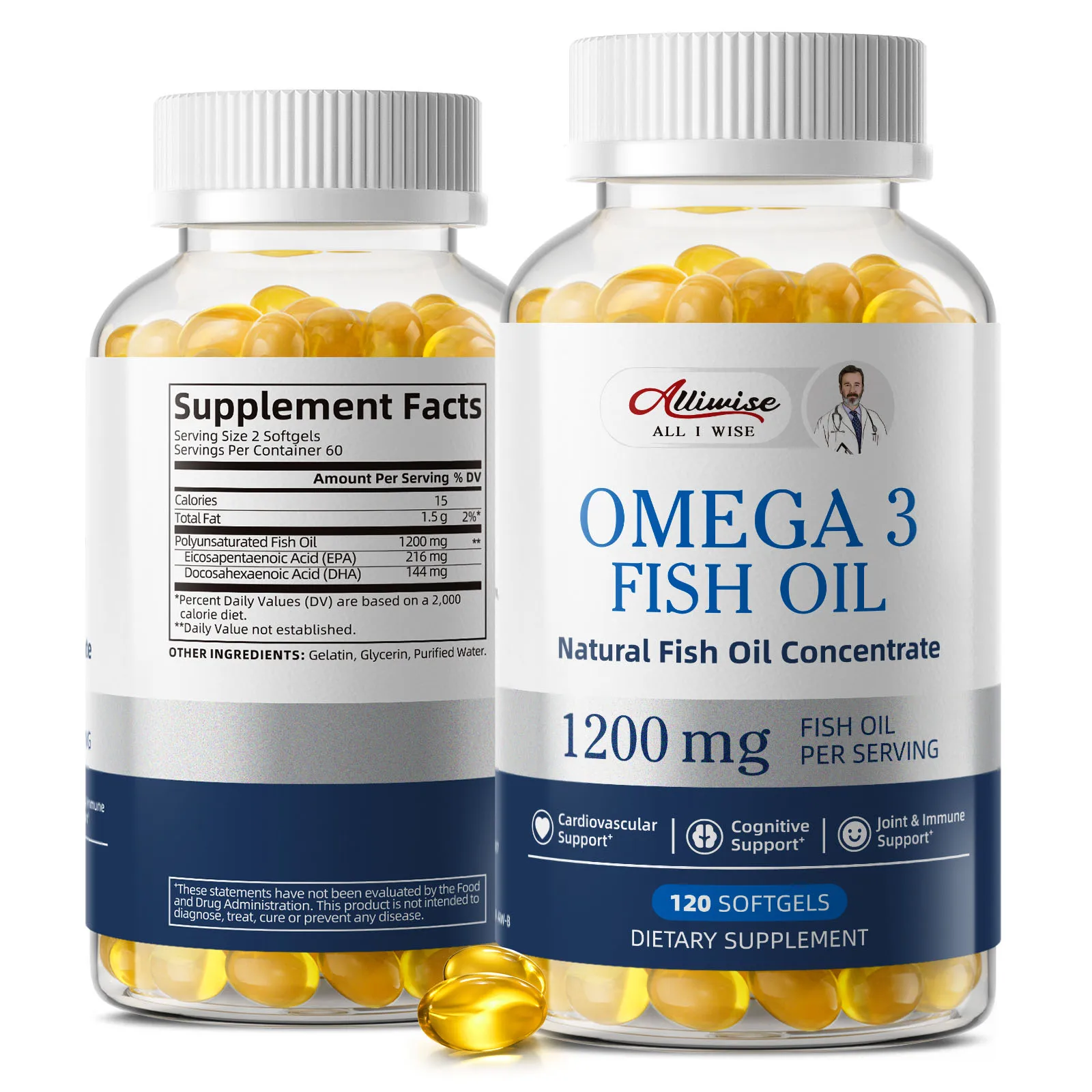 Alliwise OMEGA-3 Fish Oil Capsules Rich In DHA & EPA Relieve Stress Strengthen Brain Memory Development Intelligence Health Eyes
