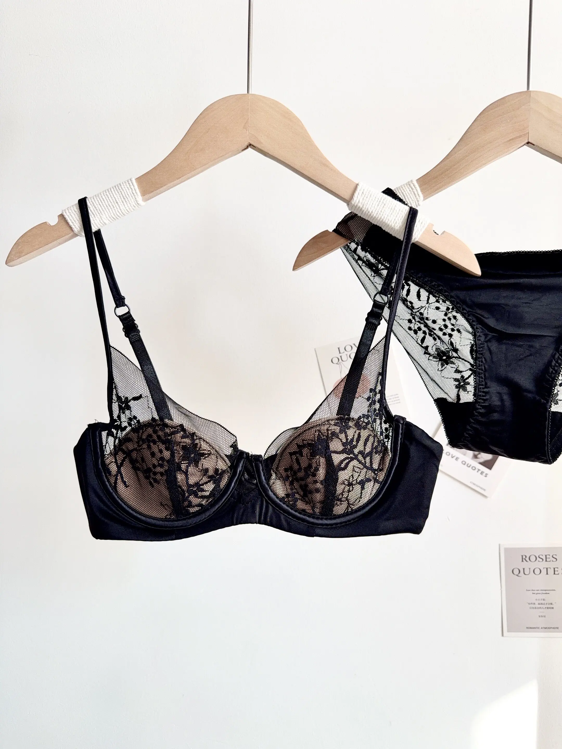 Conjunto de Lencería de Encaje Cómodo para Mujer, Sujetador con Aros Suaves, Copa Delgada, Push-Up, Transpirable, Ropa Interior para Mujeres con Busto Pequeño