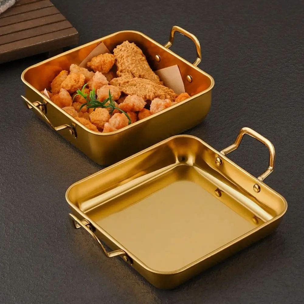 

Stainless Steel Square Food Serving Trays Korean Flat Bottom Tiramisu Tray Binaural Handle Gold/Silver Snack Dishes Fruit