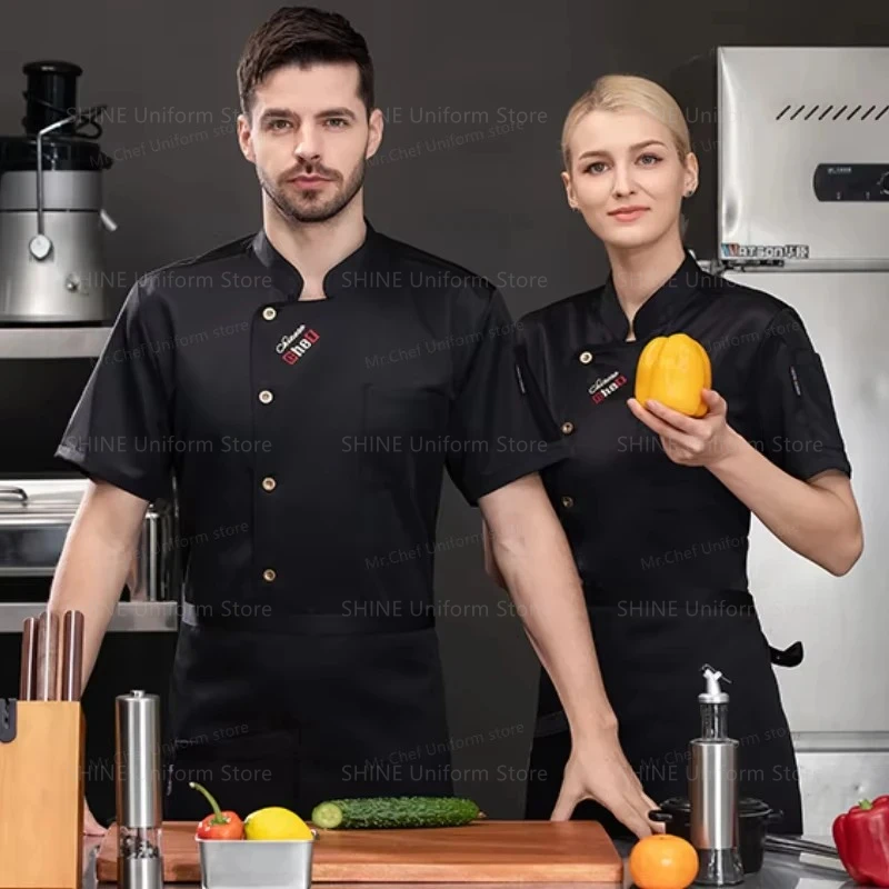 Veste de Chef blanche à manches courtes, uniforme avec tablier pour hommes, manteau de Chef de cuisine de Restaurant respirant, vêtements de travail noirs, accessoires de Chef