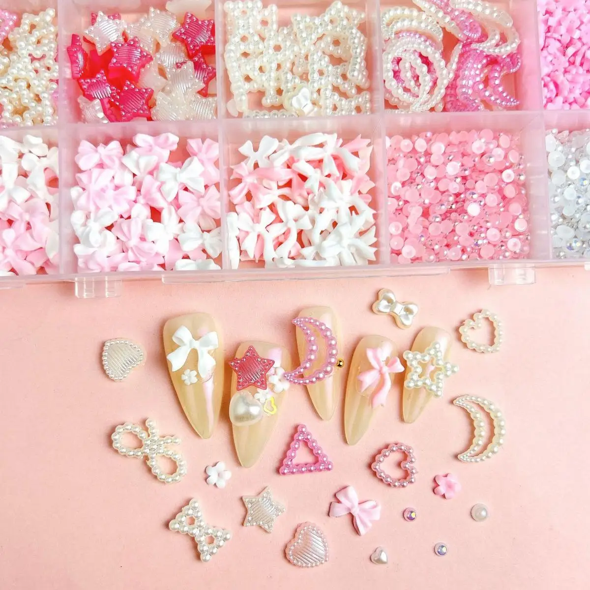 1Box Sweet Pink White Bow Mixed Nail Charms 3D Resin Hollow Heart Star Crescent Nail Art Decoration Accessories for Manicure DIY