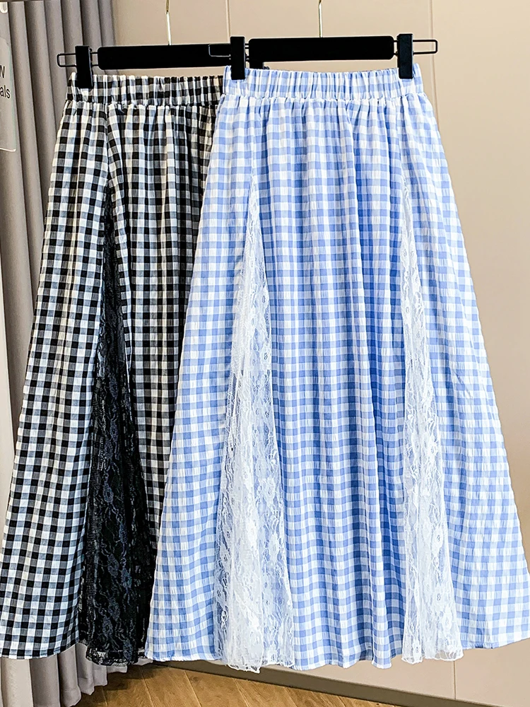 

High Waist A-Line Midi Skirt Large Size Blue Plaid Lace Patchwork Asymmetrical Half Skirt Casual Commute Style Body Type