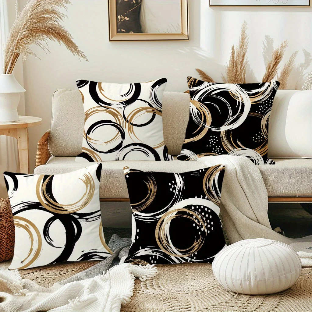 4Pcs Double‑Sided Modern Farmhouse Pillow Covers, Black White Gold Abstract Geometric Print, Zipper Cushion Cases