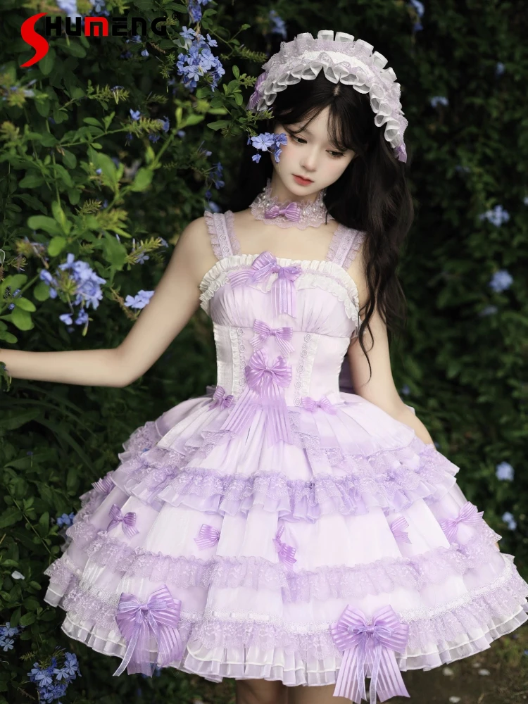 التصميم الأصلي أنيقة الحلو الأميرة الفتاة JSK فستان بكتافة مقوس دانتيل سليم عالية الخصر القوس زائدة Jsk فساتين قصيرة للنساء