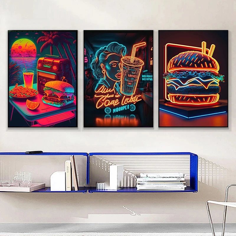 Punk Food Drink Poster Neon Pizza Fruit Burger Canvas Painting Print Wall Art for Fast Food Restaurant Kitchen Home Decor No Led