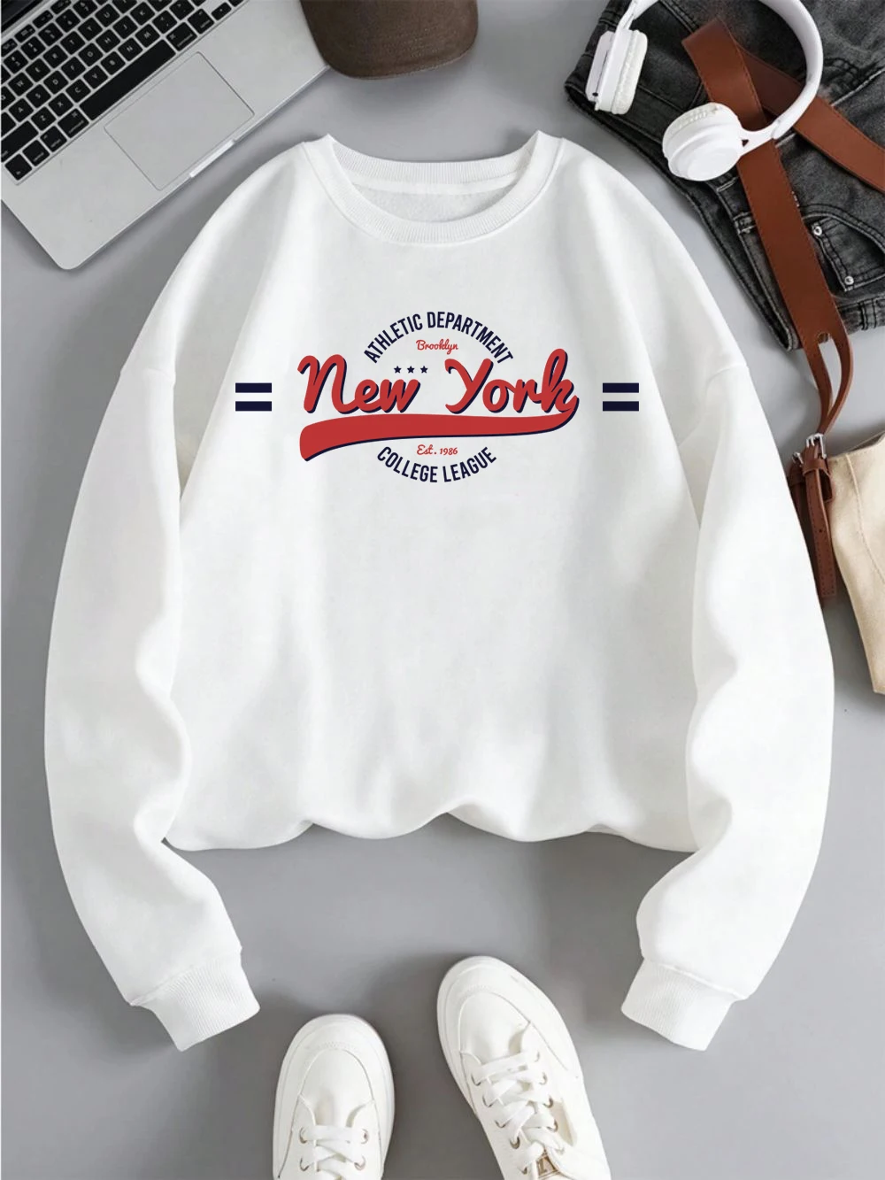 New York Sweatshirts Women College League Letter Printed Hoodie Fleece Warm Crewneck Loose Pullover Winter Sporty Female Tops