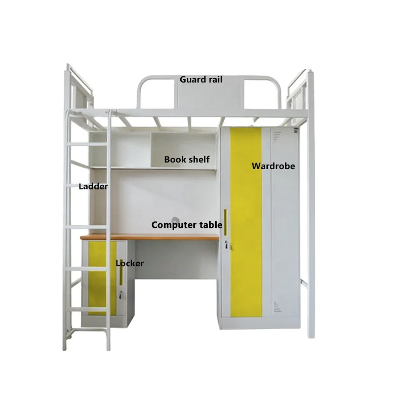 School student bedroom dormitory metal steel loft double bunk bed with study table and desk for adults