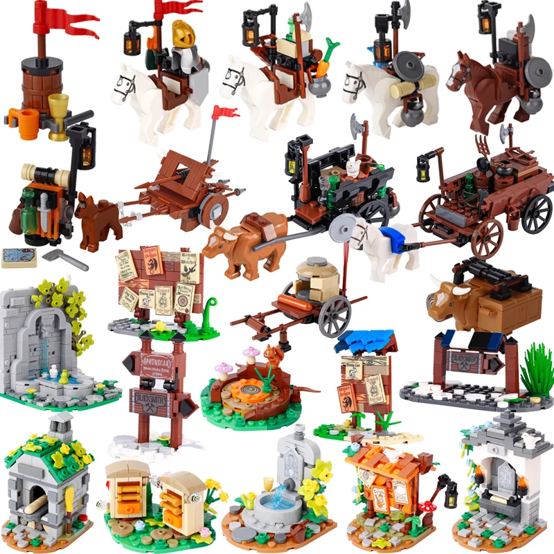 MOC Medieval Town Scene Building Blocks Transport Horse Siege Vehicle City Gardens Fountain Bulletin Board Assembly Bricks Toys