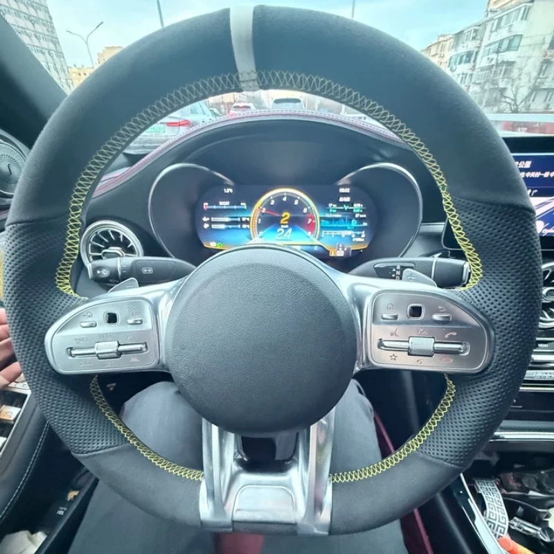 Car Steering Wheel Suede Cover Hand-Sewn For Mercedes Benz C-Class A200 C260L E300 GLA220 GLC E Car Interior Accessories