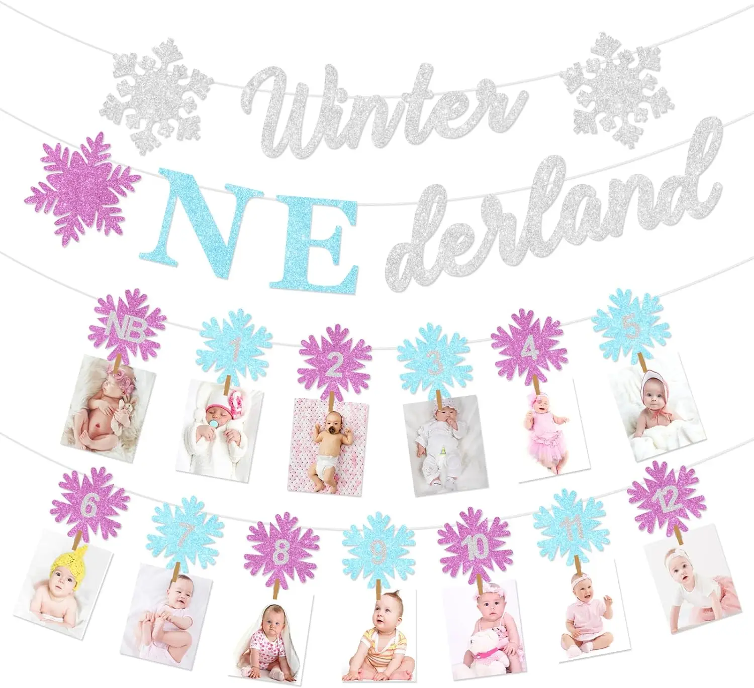 Winter Onederland 1st Birthday Decor with Photo Garland Banner Snowflake from Newborn to 12 Months First Birthday Party Supplies