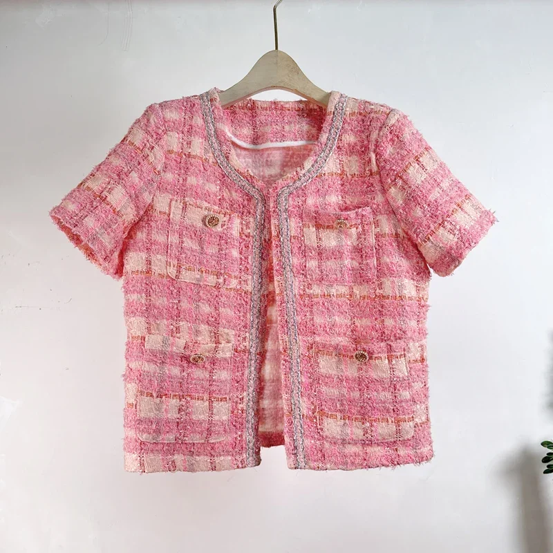 

French Small Fragrance Casual Lady Jacket Vintage Casual Sweet Basic Elegant O Neck Short Sleeve Chic Women Tweed Coat Summer