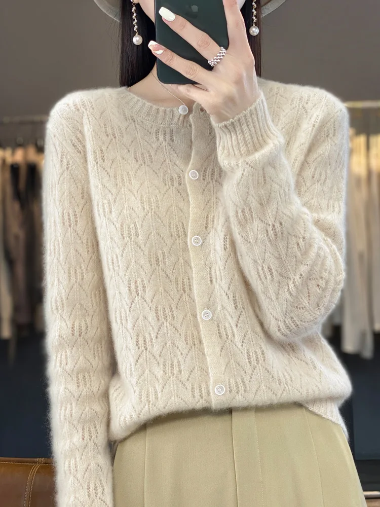 

Merino 100% Wool Knitted Sweater Women's Casual Fashionable Spring Autumn Hollow Cashmere Cardigan