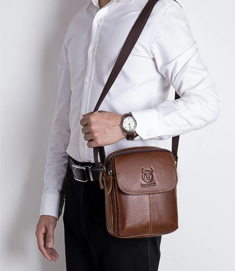 Men's real leather crossbody bag street Korean version of youth cover leather travel square shoulder bag