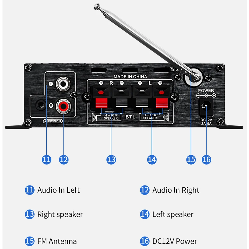 AK-360 Bluetooth 5.0 Car Home Audio Power Amplifier 2.0 Channel Home Mini Hi-Fi Class AB Amplifier with Bass and Treble Controls