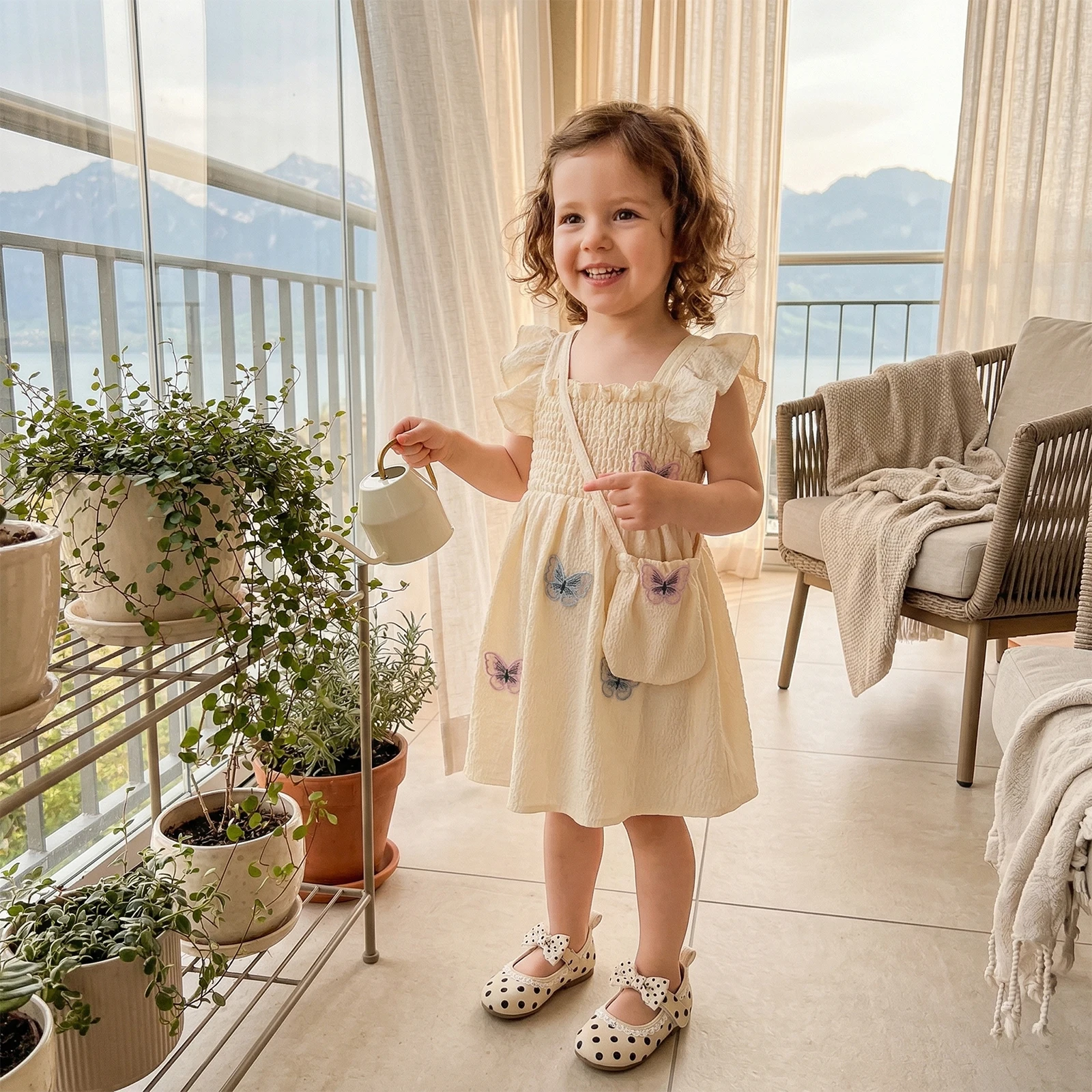 Little Girls Summer Dress Adorable Butterfly Embroidery Flying Sleeve Square Neck Dress and Matching Bag Set