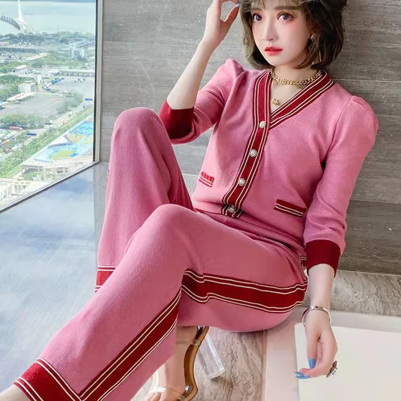 Fall Winter Elegant Knitted 2 Piece Sets V-neck Sweater Cadigan Coats Tops Ensemble Korea New Side Stripe High Wasit Pants Suits