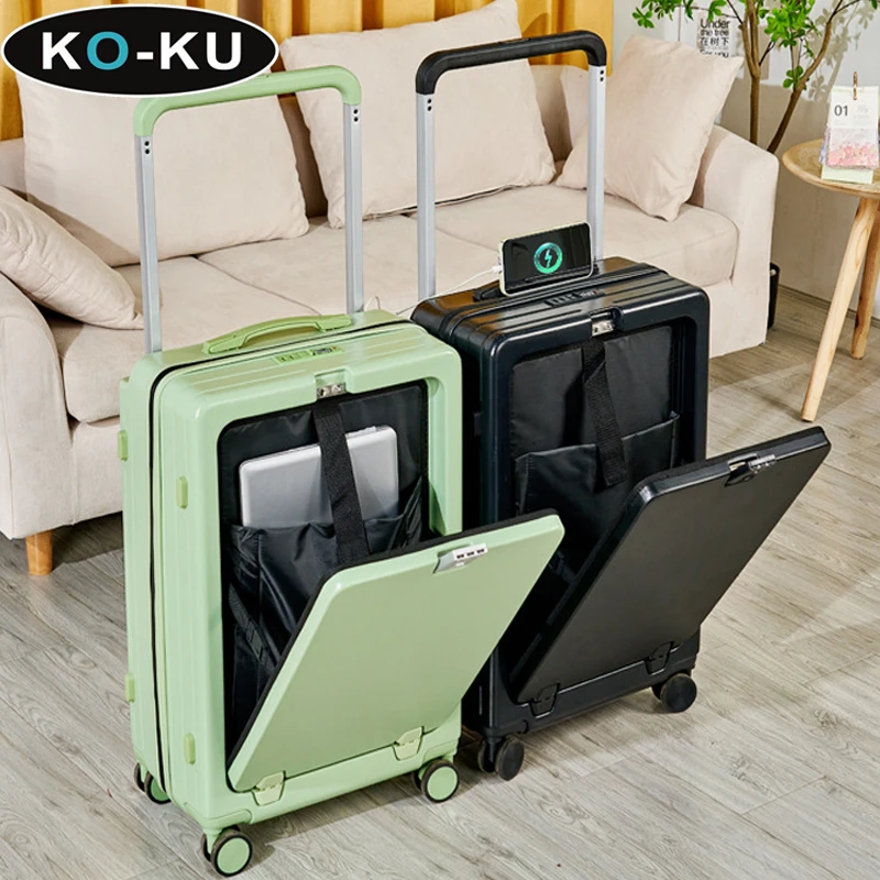 KO-KU Multifunctional Suitcase Pop-up Front Opening Wide Trolley Case 20Inch Boarding Box with USB Port Water Cup Holder Luggage