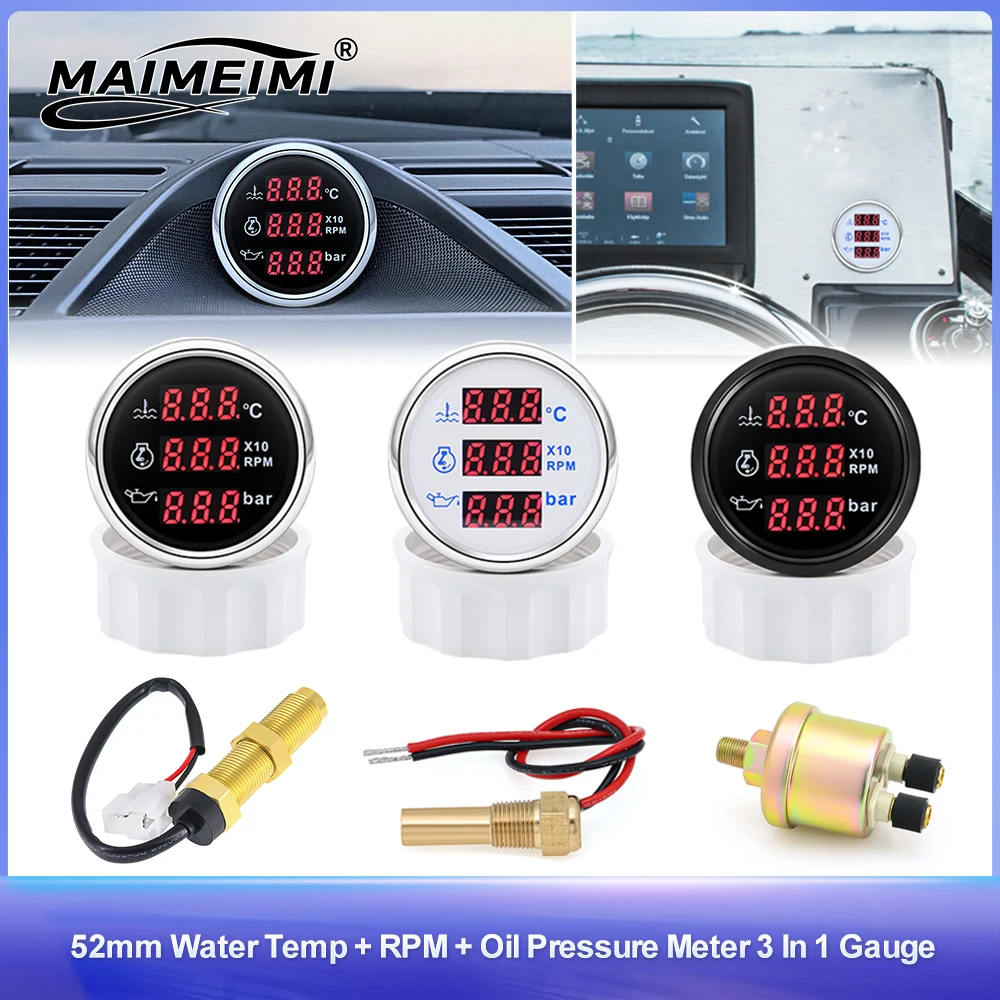 

52mm Gauge Water Temperature Gauges + Oil Pressure Meter + Tachometer 3 in 1 Digital Gauge M16 / M18 Sensor 1/8NPT For Car Yacht