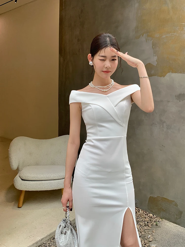 

Белое вечернее платье-русалка на одно плечо для женщин, корейский стиль, длинное, с короткими рукавами, для вечеринок и свадеб