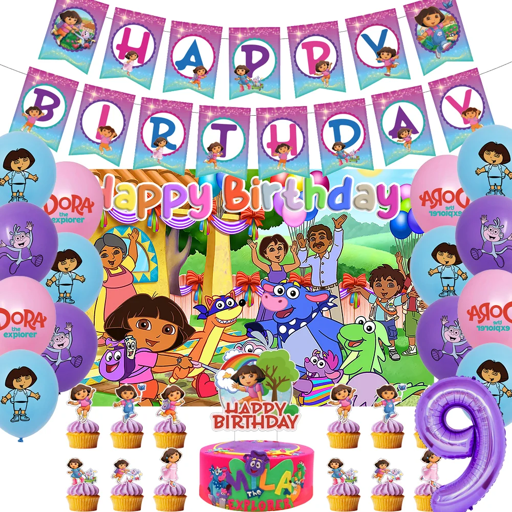 Cartoon Do-ra-ed-The&Ex-plorer Theme Children Birthday Party Balloon Background Disposable Tableware Cake Topper Decor Baby Gift