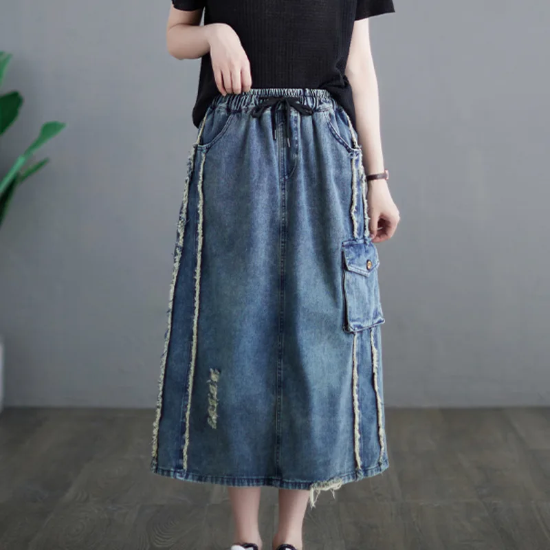 

#3045 Ripped Jeans Skirt Women Side Striped Jeans Skirt Female High Waisted A-line Skirt Ladies Pockets Vintage Midi Denim Skirt