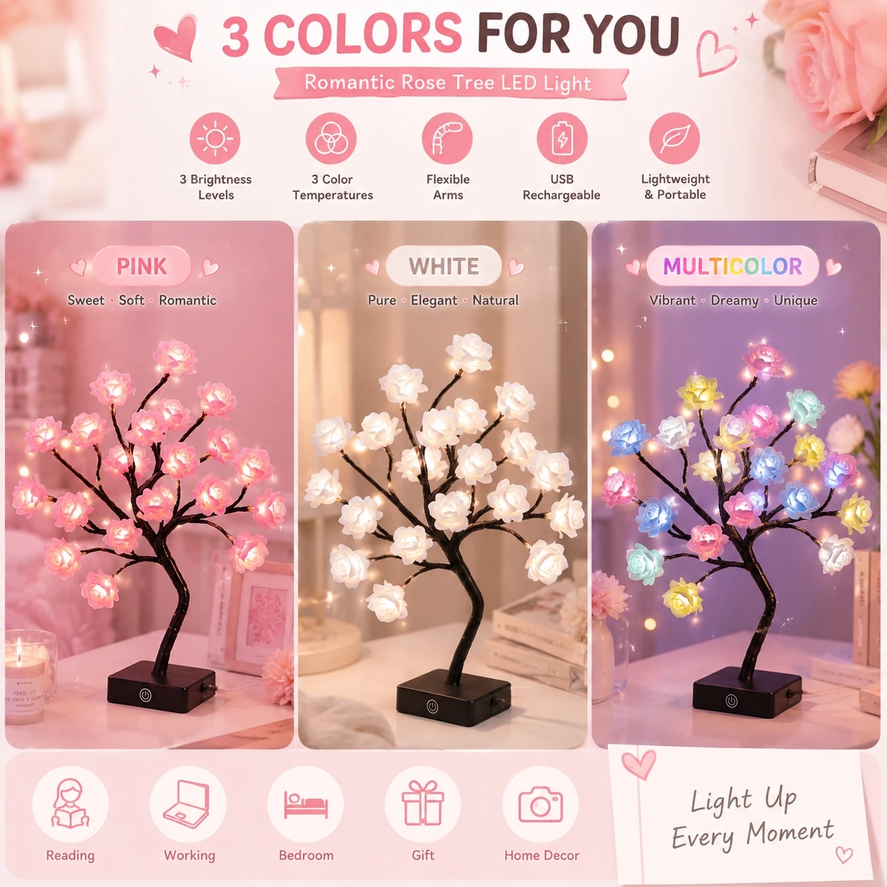 Aesthetic Rose Tree Lamp USB Powered LED Table Night Light Rose Tree Light for Girls Room Dorm Wedding Holiday Desktop Ornament