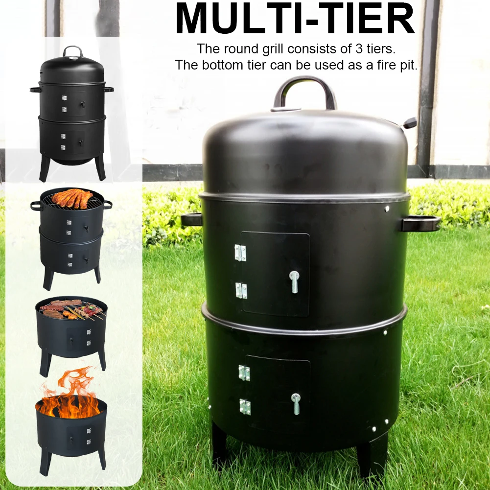 

Smoker Grill & BBQ Rack with Air Vent Round BBQ Grill 2 Access Doors Large Capacity Charcoal Smoke BBQ for Parties In Backyard