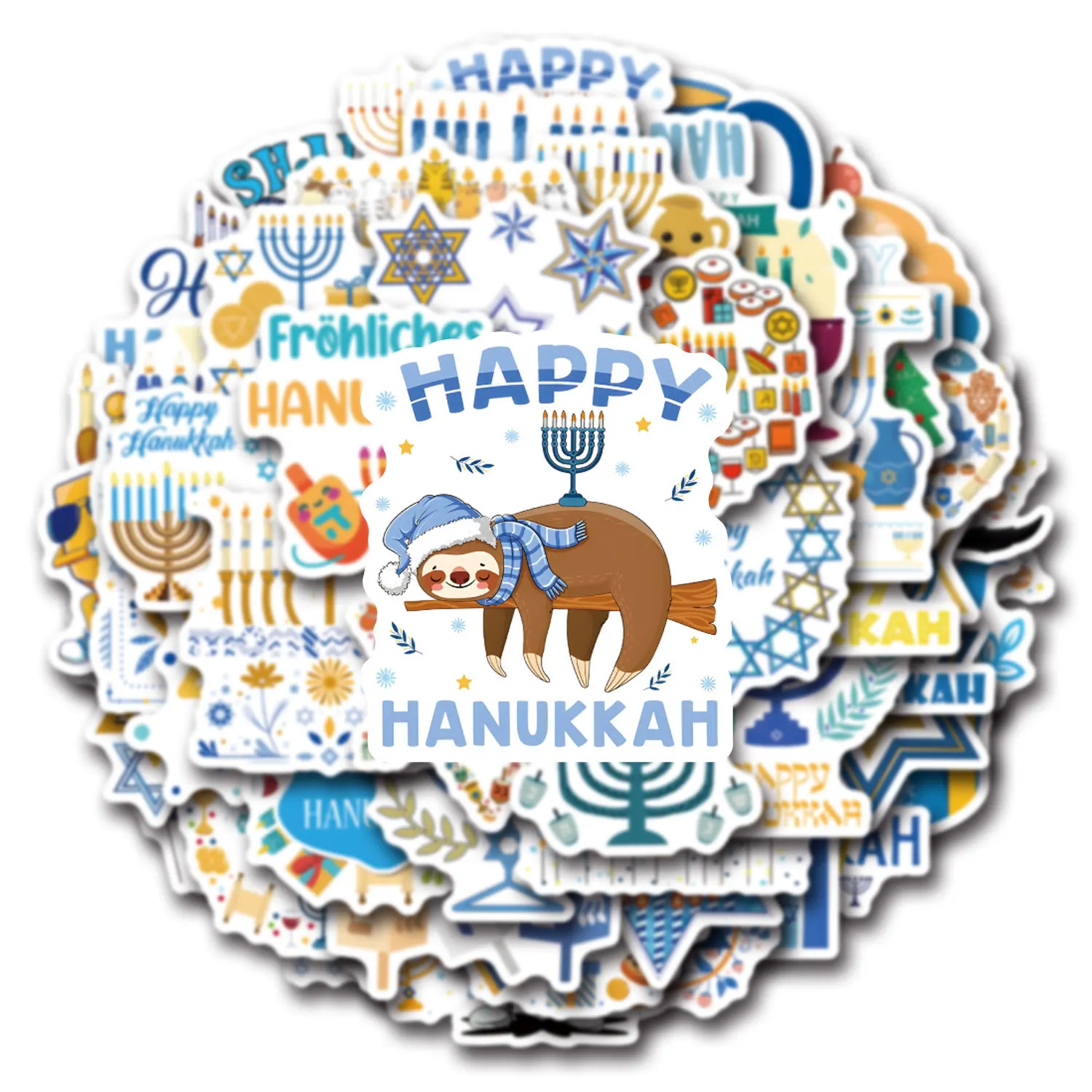 55Pcs Hanukkah Theme Paper Sticker Chanukah Candle Luggage Skateboard Graffiti Stickers for Jewish Happy Hanukkah Party Decor