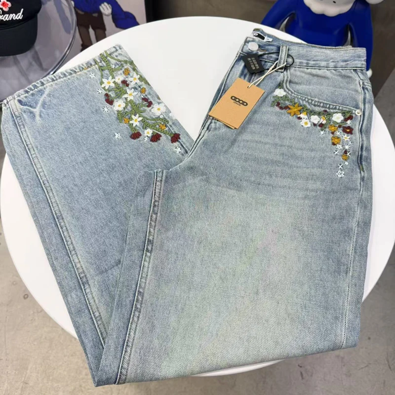 يوم واحد يتم شحنها GOODBRAND الجينز الرجال النساء الشارع غسلها مستقيم الساق السراويل التطريز الزهور Goodbrand سراويل جينز