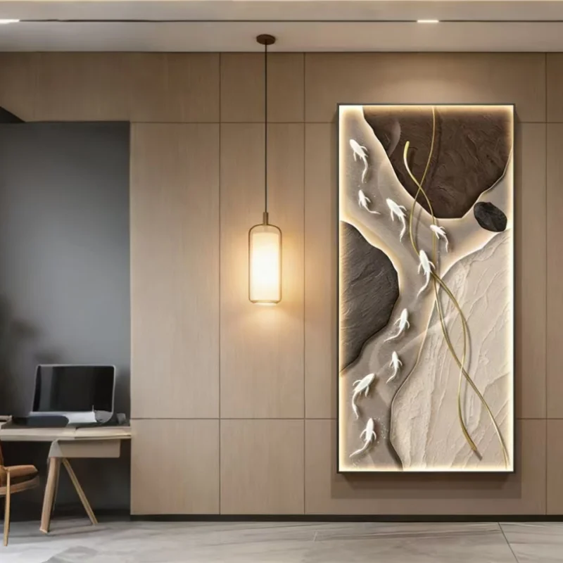 Nine Fish Crystal Porcelain Entrance Decoration Painting with High end Lamp Stone to Operate Mural Painting