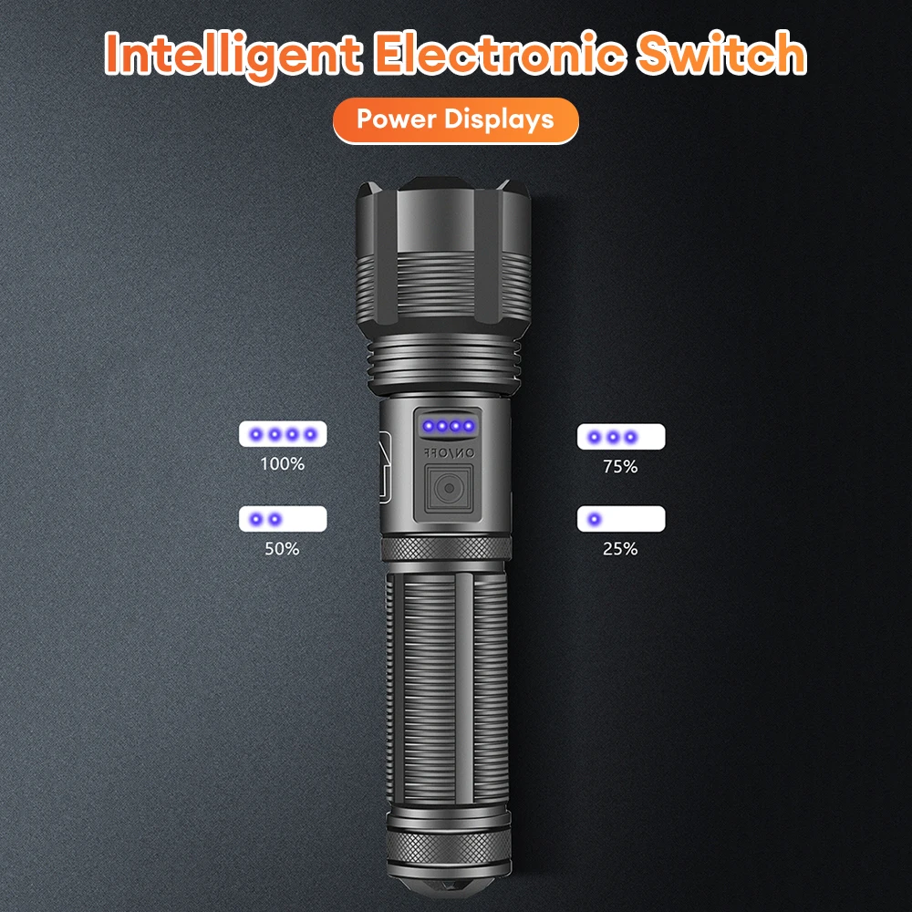 XHP70 Powerful Flashlight Aluminum Alloy Zoom Electric Torch Waterproof USB Charging Long Range Flashlight for Outdoor Camping