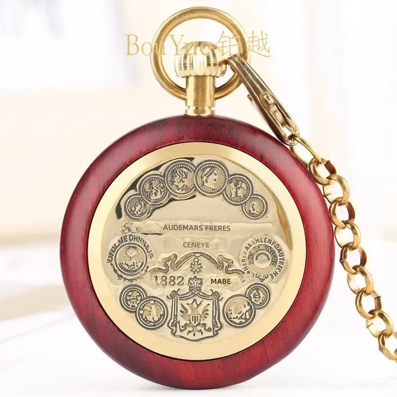 Retro Mahogany Wood Grain Roman Dial Manual Mechanical Pocket Watch Vintage Straight Plate Open Face Timepiece Classic Gift