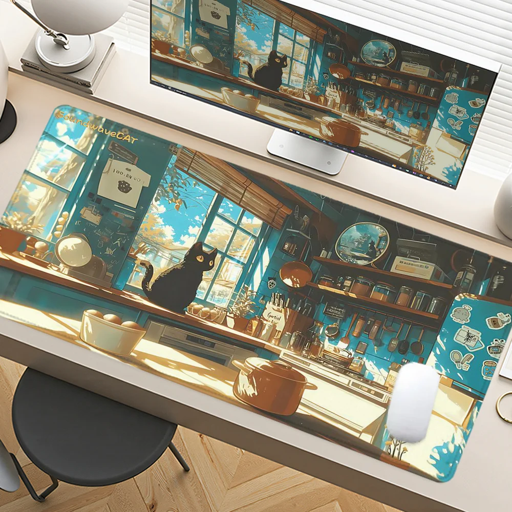 

Cartoon Cat Mouse Pad Art Design Large Desk Accessories Desk Pad Rubber Base with Stitched Edge Mousepad Non-Slip Deskpad