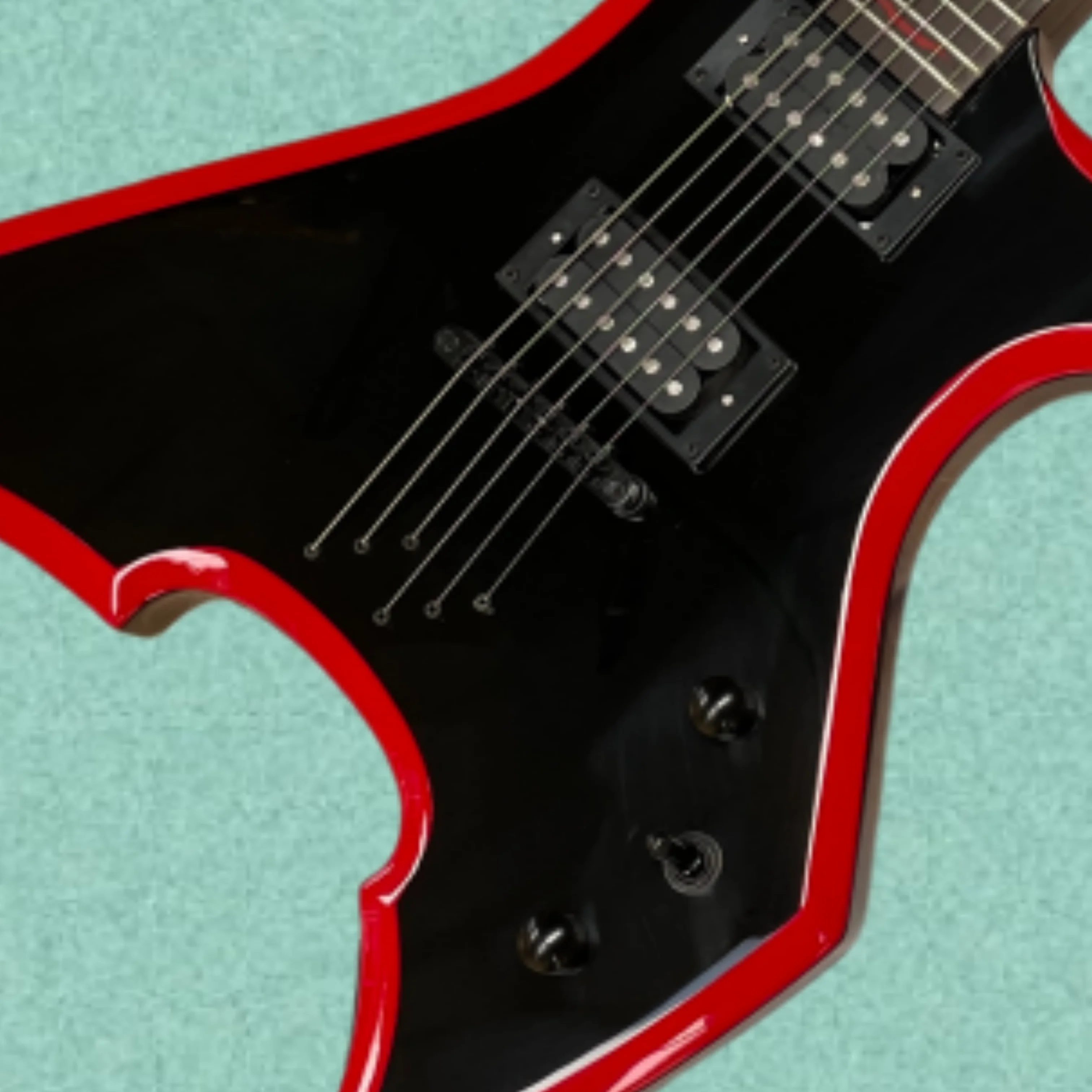 6-string black electric guitar with red binding, HH pickups, dual-knob volume control guitars, metal rock electric guitarra