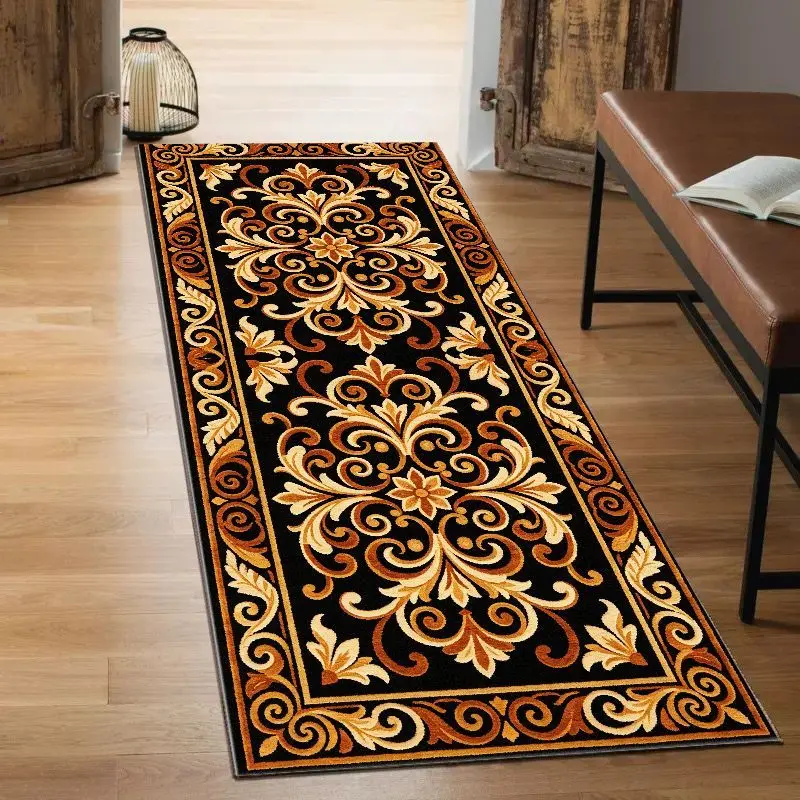 VIKAMA Traditional European Scroll Floral Runner Rug Black Gold Non Slip Washable Long Hallway Bedroom Kitchen Mat