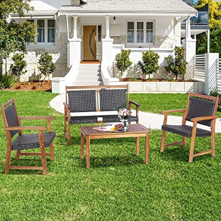 Patio Rattan Conversação Set com Acacia Wood Frame, Outdoor Mobiliário Set, cadeiras e mesa de café, 4 pcs
