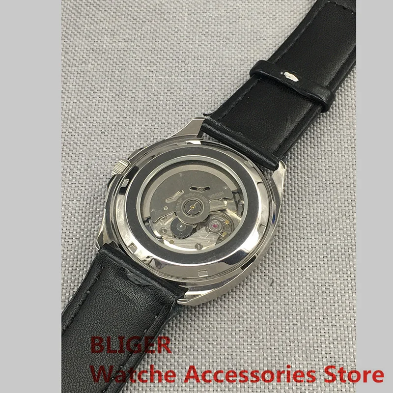Bliger 40mm Silver Leather Strap Green Luminous Dial Sapphire Glass Back NH36A Automatic Movement Men\'s Wristwatch