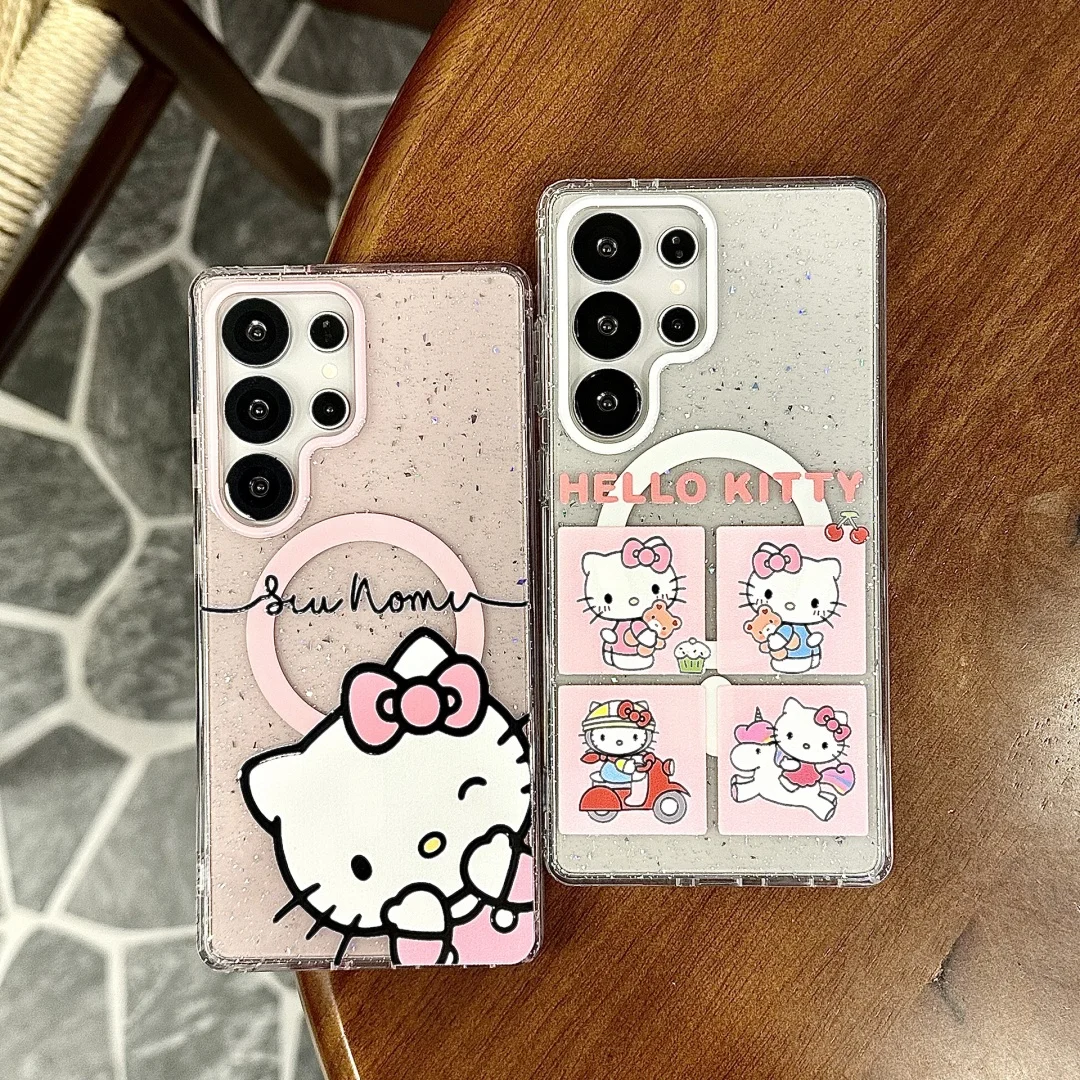 Lovely illustration Hello Kitty Magnetic holder Magsafe Wireless Charge Case For Samsung Galaxy S25 Ultra S24 Plus S23 FE Cover